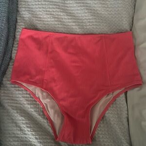 Kortni Jeane Cut High Swim Bottoms in Ribbed Vibrant Coral